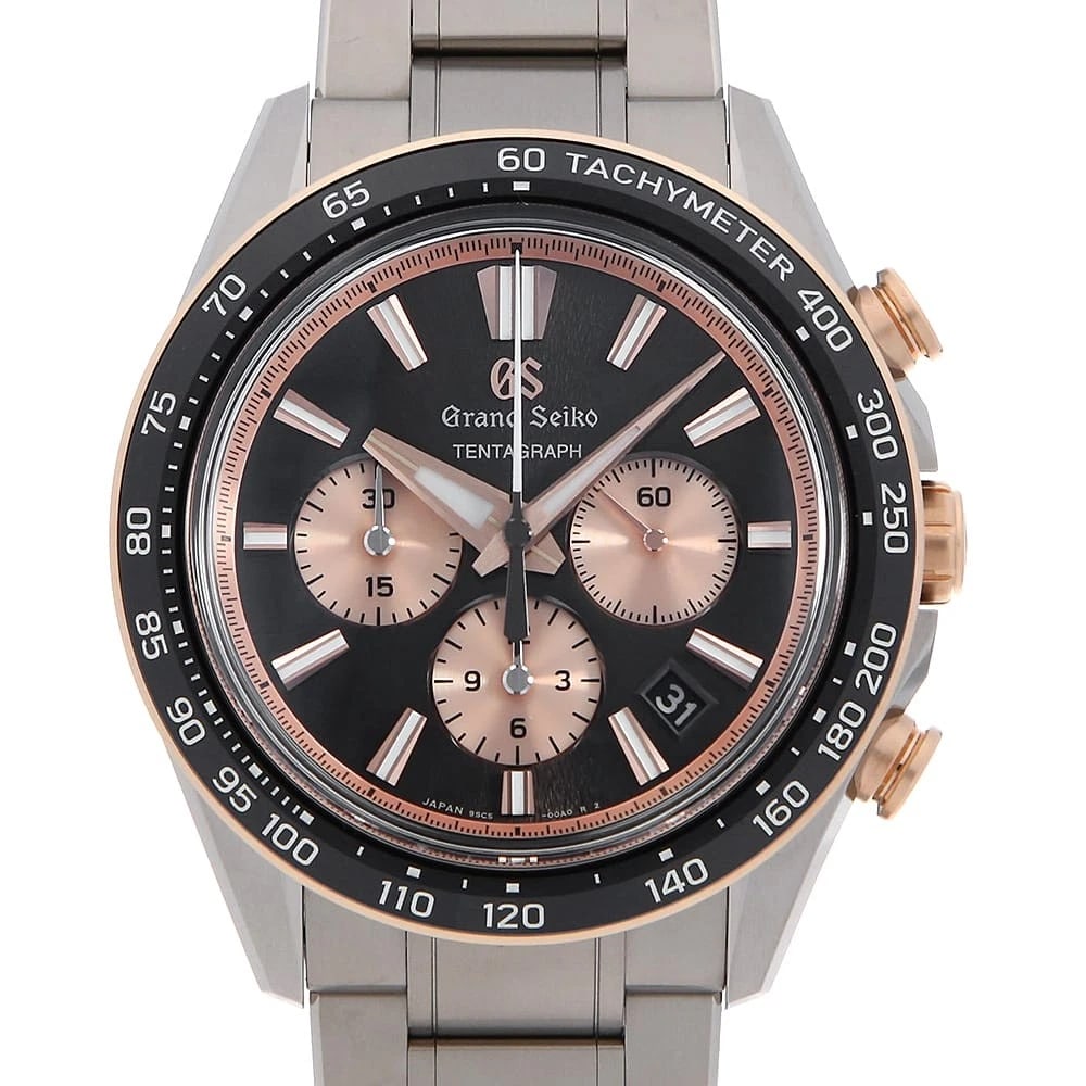 GRAND SEIKO EVOLUTION COLLECTION TENTAGRAPH WATCH: Grand Seiko Evolution Collection Tentagraph Watch Brand: Grand Seiko Type: Wrist watch Material: Band Material Stainless Steel, Case Material titanium/Pink gold Color: Dial Colour Black Size: Case:W43