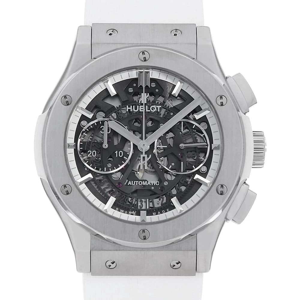 HUBLOT AEROFUSION WHITE WATCH: HUBLOT Aerofusion White Watch Brand: HUBLOT Type: Wrist watch Material: Band Material rubber, Case Material Titanium Color: Dial Colour Skeleton Size: Case:W45mm Accessories: None Accessor