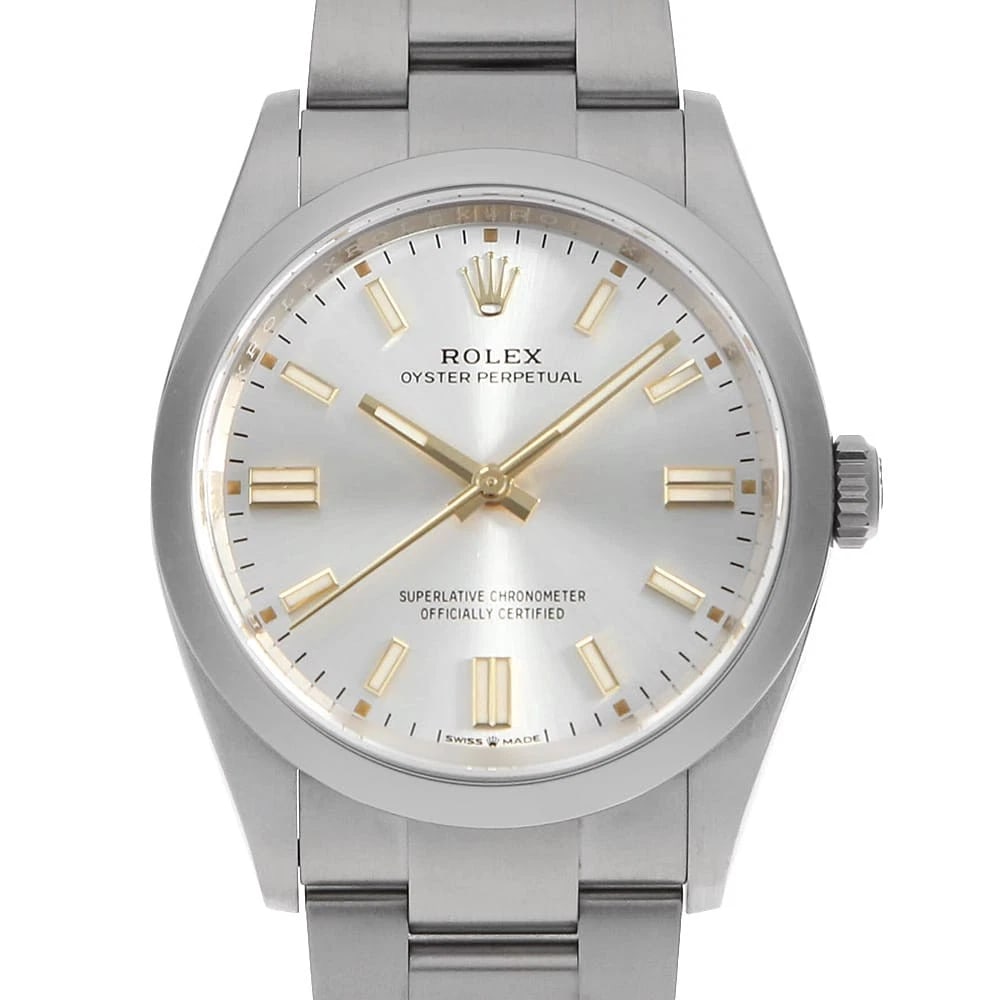 ROLEX OYSTER PERPETUAL SILVER WATCH: ROLEX Oyster Perpetual Silver Watch Brand: ROLEX Type: Wrist watch Material: Band Material Stainless Steel, Case Material Stainless Steel Color: Dial Colour Silver Size: Case:W36mm Circumference of