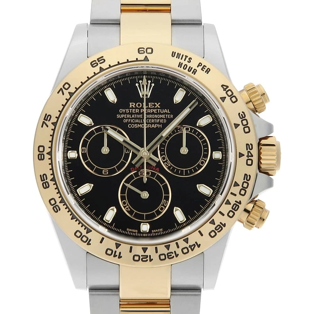 ROLEX COSMOGRAPH DAYTONA BLACK WATCH: ROLEX Cosmograph Daytona black Watch Brand: ROLEX Type: Wrist watch Material: Band Material Stainless Steel/Yellow Gold, Case Material Stainless Steel/Yellow Gold Color: Dial Colour Black Size: