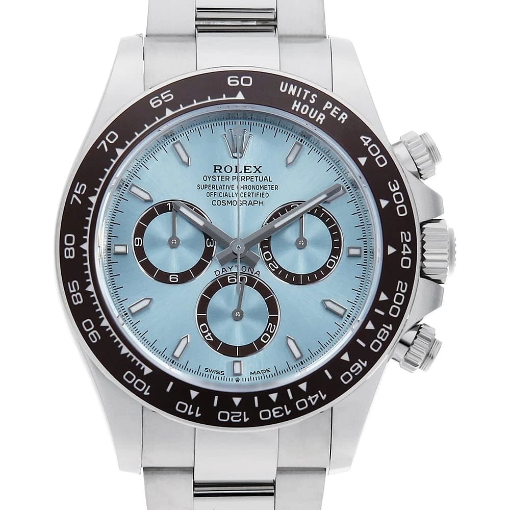 ROLEX COSMOGRAPH DAYTONA ICE BLUE WATCH: ROLEX Cosmograph Daytona Ice blue Watch Brand: ROLEX Type: Wrist watch Material: Band Material Platinum, Case Material Platinum Color: Dial Colour Ice Blue Size: Case:W40mm Circumference of Wrist:19.5