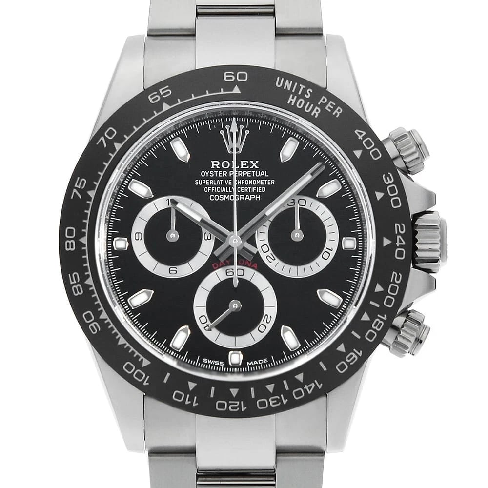 ROLEX COSMOGRAPH DAYTONA BLACK WATCH: ROLEX Cosmograph Daytona black Watch Brand: ROLEX Type: Wrist watch Material: Band Material Stainless Steel, Case Material Stainless Steel Color: Dial Colour Black Size: Case:W40mm Circumference of Wr