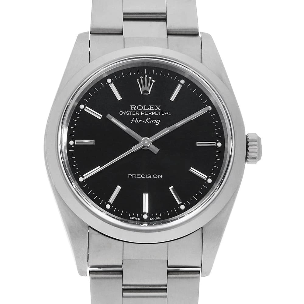 ROLEX AIR KING BLACK WATCH: ROLEX Air king black Watch Brand: ROLEX Type: Wrist watch Material: Band Material Stainless Steel, Case Material Stainless Steel Color: Dial Colour Black Size: Case:W34mm Circumference of Wrist:18cm