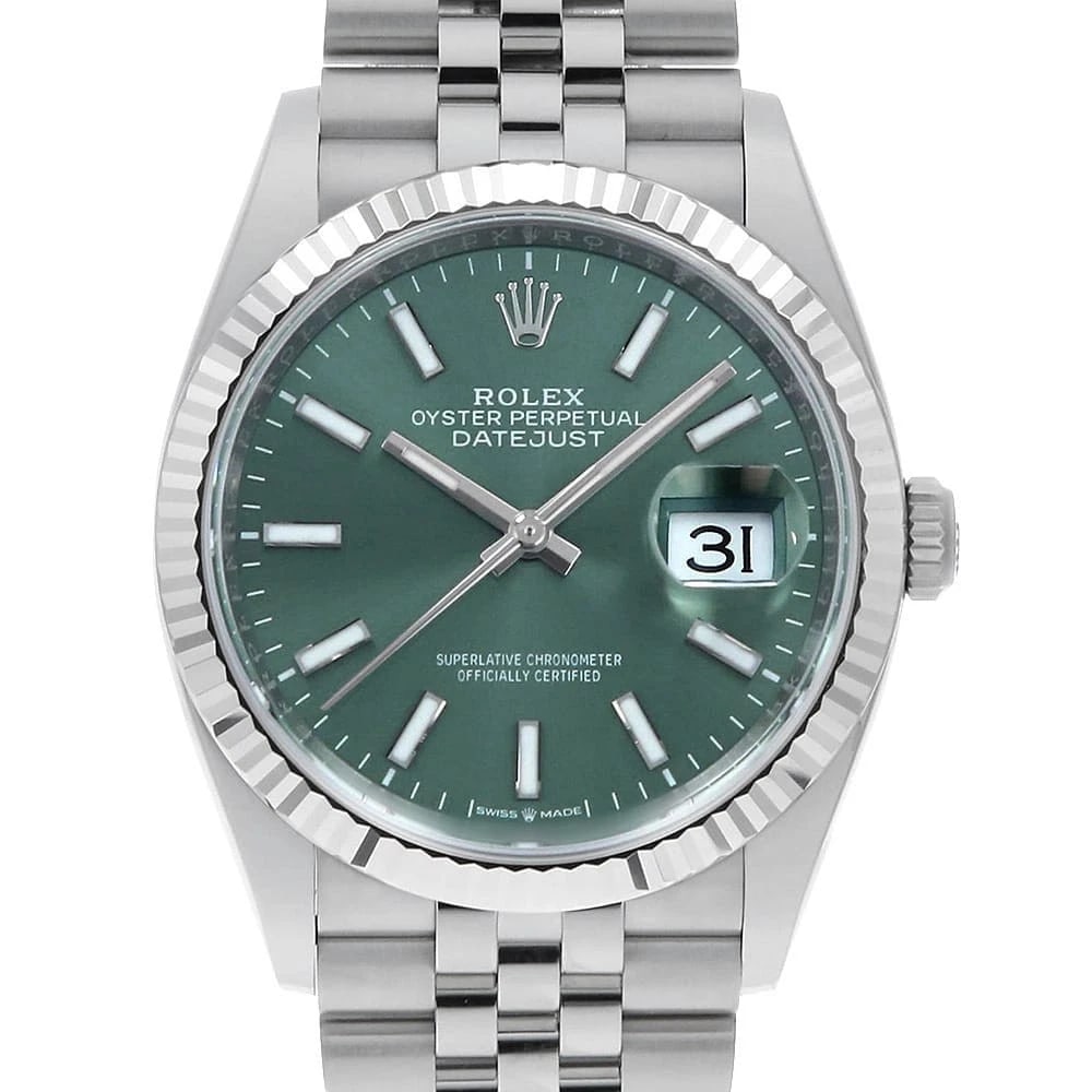ROLEX DATEJUST MINT GREEN ROW JUBILEE BRACELET WATCH: ROLEX DATEJUST Mint green row jubilee bracelet Watch Brand: ROLEX Type: Wrist watch Material: Band Material Stainless Steel, Case Material Stainless Steel/White gold Color: Dial Colour Mint Green Size