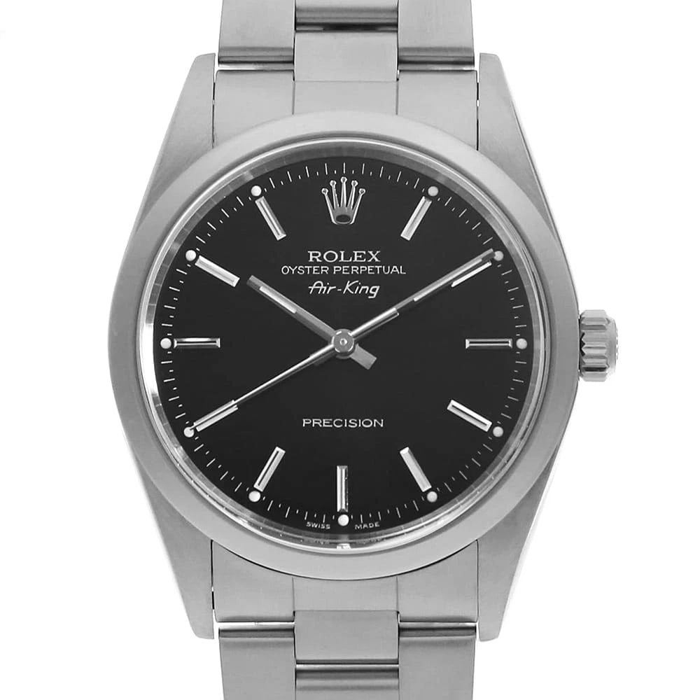 ROLEX AIR KING BLACK WATCH: ROLEX Air king black Watch Brand: ROLEX Type: Wrist watch Material: Band Material Stainless Steel, Case Material Stainless Steel Color: Dial Colour Black Size: Case:W34mm Circumference of Wrist:19cm