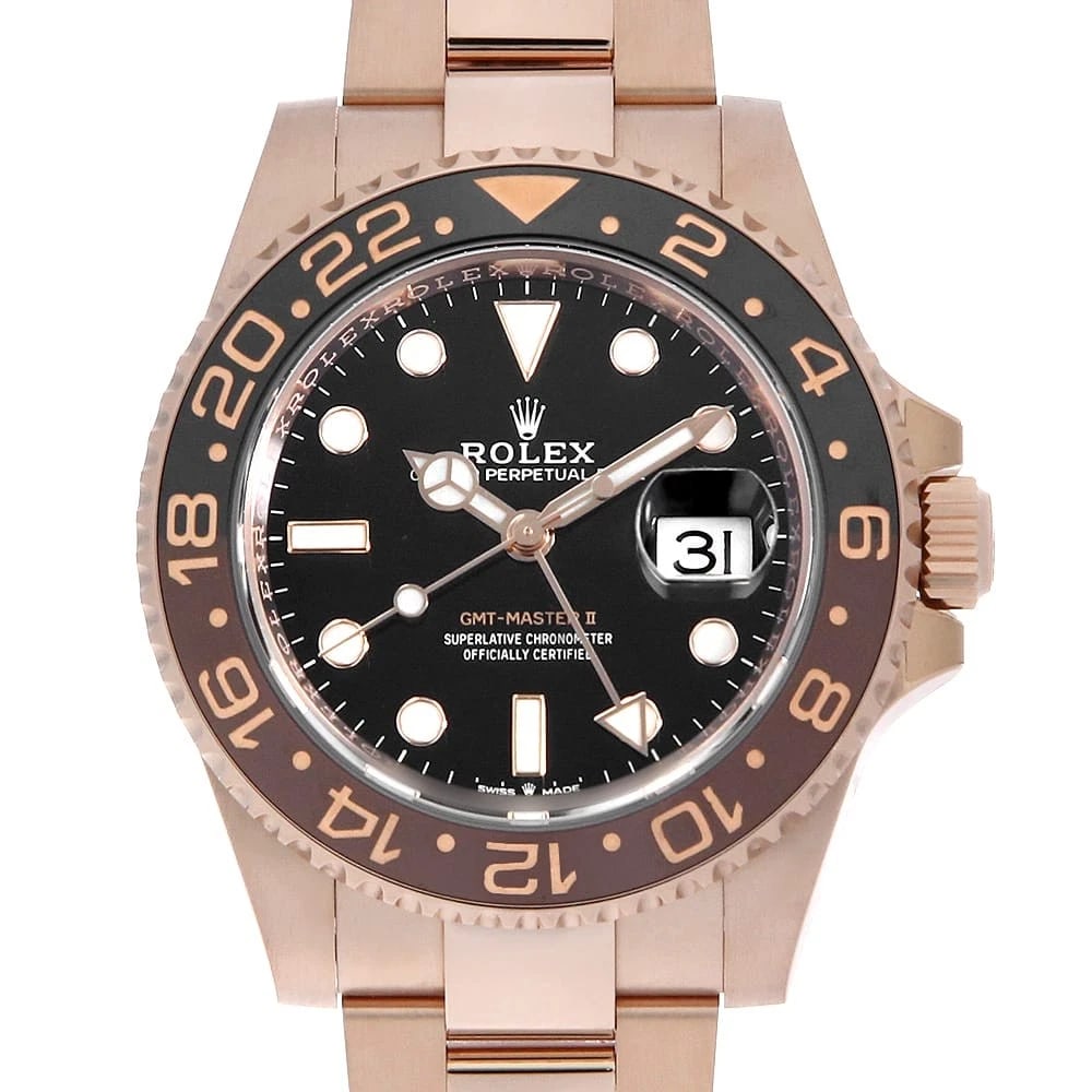 ROLEX GMT MASTER BLACK WATCH: ROLEX GMT Master black Watch Brand: ROLEX Type: Wrist watch Material: Band Material Everose Gold, Case Material Everose Gold Color: Dial Colour Black Size: Case:W40mm Circumference of Wrist:19.5cm