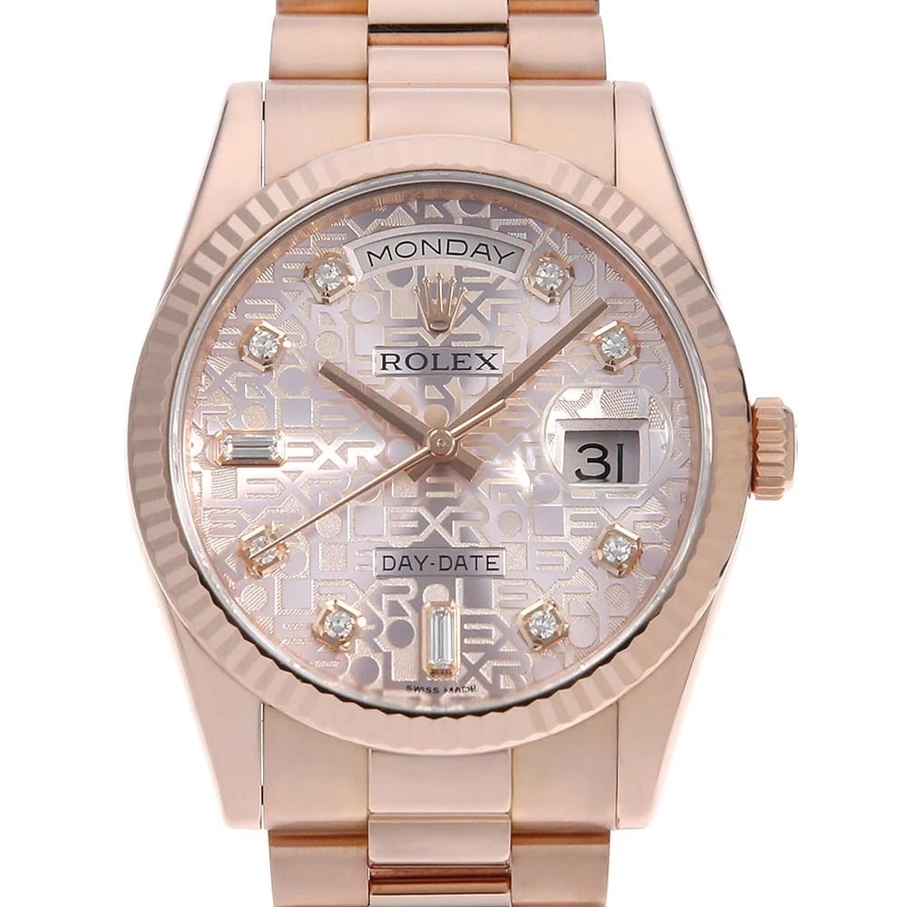 ROLEX DAY DATE ROUND BAGUETTE DIAMOND PINK CARVING COMPUTER WATCH: ROLEX Day Date Round Baguette Diamond pink Carving computer Watch Brand: ROLEX Type: Wrist watch Material: Band Material Everose Gold, Case Material Everose Gold Color: Dial Colour Pink Size: