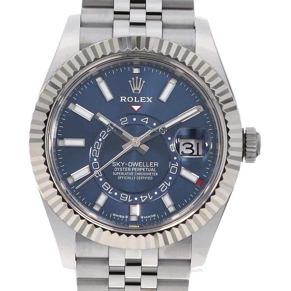 ROLEX SKY-DWELLER BLUE ROW JUBILEE BRACELET WATCH: ROLEX SKY-DWELLER blue row jubilee bracelet Watch Brand: ROLEX Type: Wrist watch Material: Band Material Stainless Steel, Case Material Stainless Steel/White gold Color: Dial Colour Blue Size: Case:W4