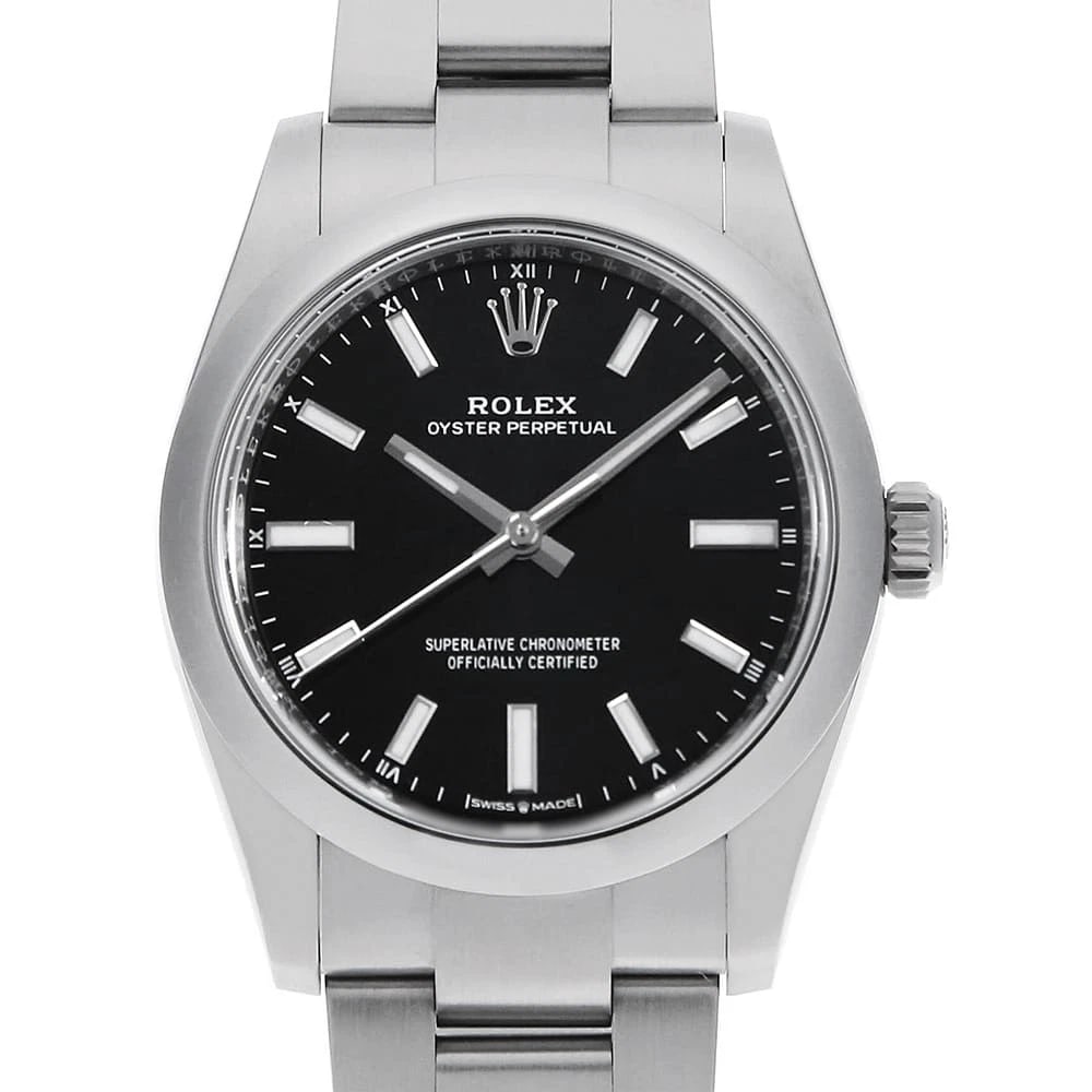 ROLEX OYSTER PERPETUAL BLACK WATCH: ROLEX Oyster perpetual black Watch Brand: ROLEX Type: Wrist watch Material: Band Material Stainless Steel, Case Material Stainless Steel Color: Dial Colour Black Size: Case:W34mm Circumference of Wris