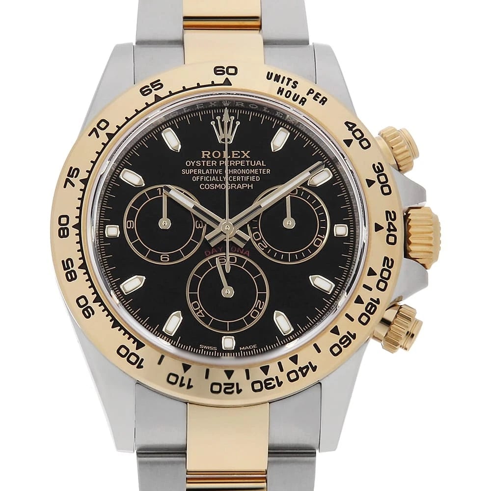 ROLEX COSMOGRAPH DAYTONA BLACK WATCH: ROLEX Cosmograph Daytona black Watch Brand: ROLEX Type: Wrist watch Material: Band Material Stainless Steel/Yellow Gold, Case Material Stainless Steel/Yellow Gold Color: Dial Colour Black Size: Case:W