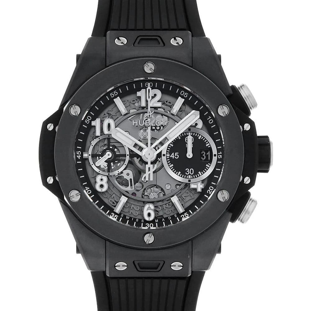 HUBLOT BIG BANG UNICO BLACK MAGIC WATCH: HUBLOT Big Bang Unico Black Magic Watch Brand: HUBLOT Type: Wrist watch Material: Band Material rubber, Case Material Black Ceramics Color: Dial Colour Skeleton Size: Case:W42mm Accessories: None