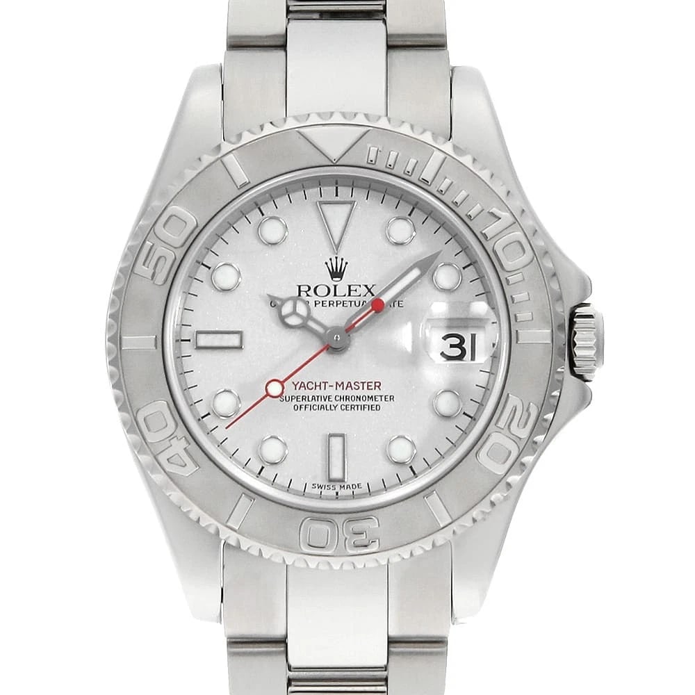 ROLEX YACHT MASTER SILVER WATCH: ROLEX Yacht master Silver Watch Brand: ROLEX Type: Wrist watch Material: Band Material Stainless Steel, Case Material Stainless Steel/Platinum Color: Dial Colour Silver Size: Case:W34mm Circumference