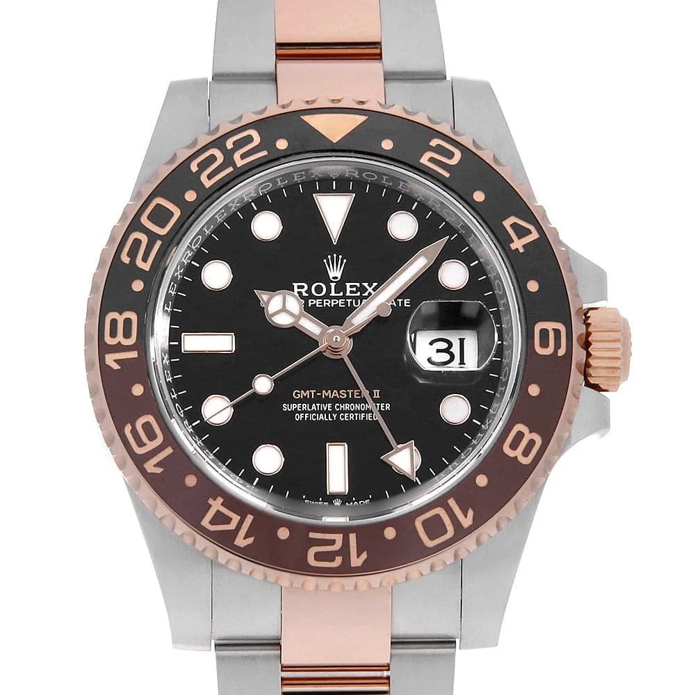 ROLEX GMT MASTER BLACK WATCH: ROLEX GMT Master black Watch Brand: ROLEX Type: Wrist watch Material: Band Material Stainless Steel/Everose Gold, Case Material Stainless Steel/Everose Gold Color: Dial Colour Black Size: Case:W40mm