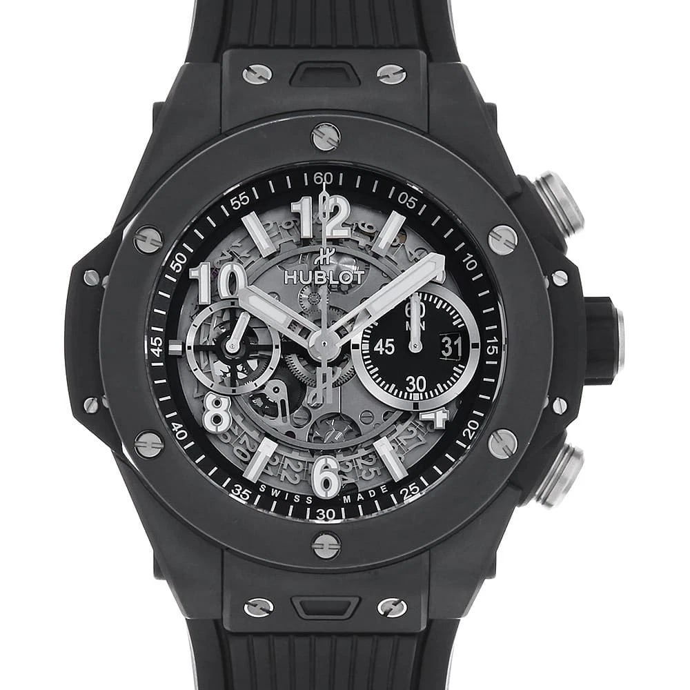 HUBLOT BIG BANG UNICO BLACK MAGIC WATCH: HUBLOT Big Bang Unico Black Magic Watch Brand: HUBLOT Type: Wrist watch Material: Band Material rubber, Case Material Ceramic Color: Dial Colour Skeleton Size: Case:W44mm Accessories: None