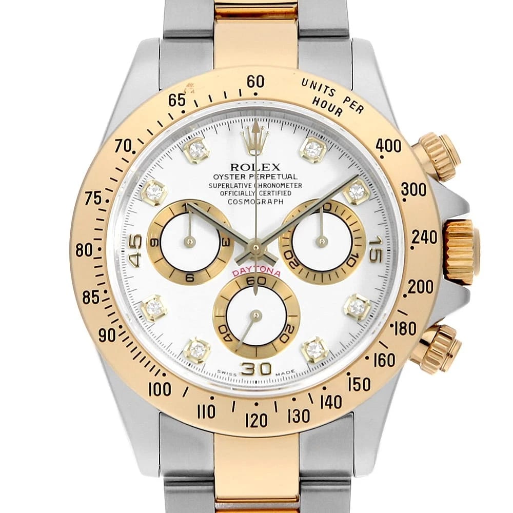 ROLEX COSMOGRAPH DAYTONA DIAMOND WHITE WATCH: ROLEX Cosmograph Daytona diamond white Watch Brand: ROLEX Type: Wrist watch Material: Band Material Stainless Steel/Yellow Gold, Case Material Stainless Steel/Yellow Gold Color: Dial Colour White Size