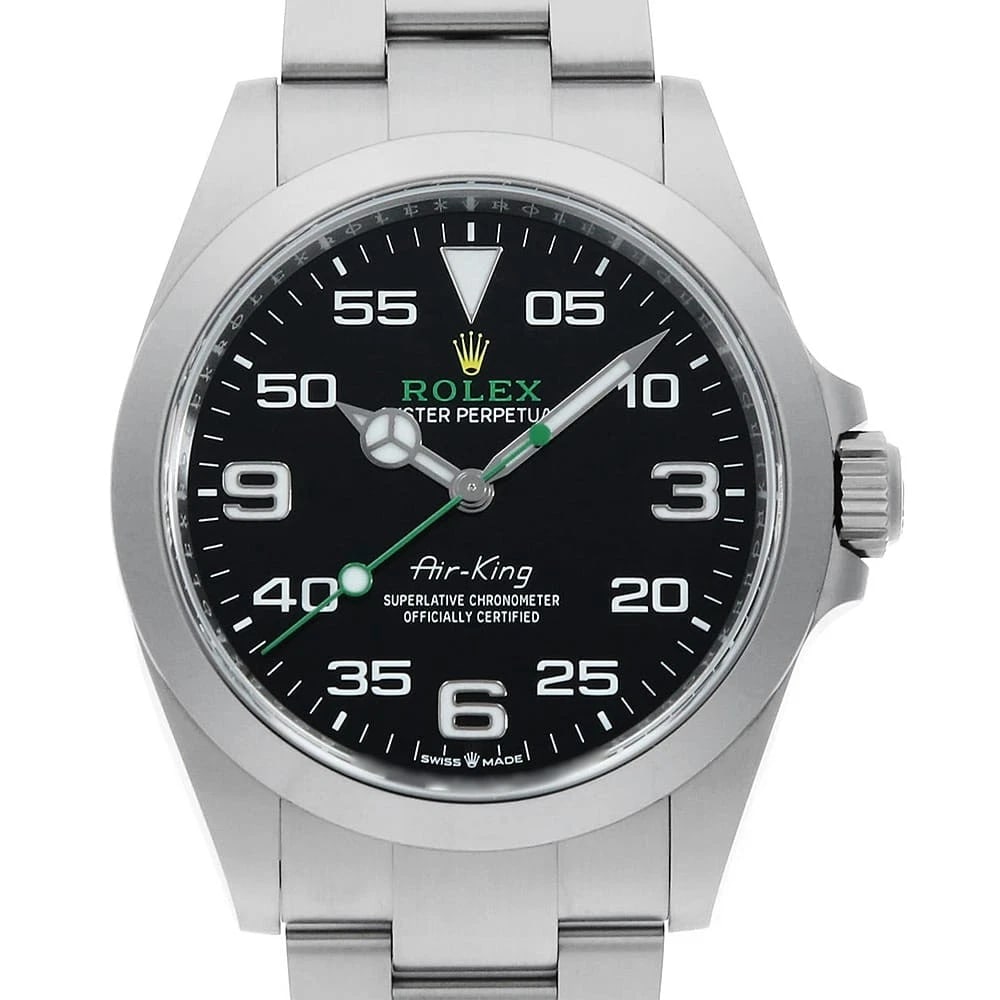 ROLEX AIR KING BLACK WATCH: ROLEX Air king black Watch Brand: ROLEX Type: Wrist watch Material: Band Material Stainless Steel, Case Material Stainless Steel Color: Dial Colour Black Size: Case:W40mm Circumference of Wrist:19cm