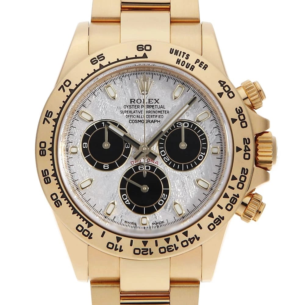 ROLEX COSMOGRAPH DAYTONA METEOLITE X BLACK WATCH: ROLEX Cosmograph Daytona Meteolite x black Watch Brand: ROLEX Type: Wrist watch Material: Band Material Yellow Gold, Case Material Yellow Gold Color: Dial Colour Meteorite Size: Case:W40mm Circumferen