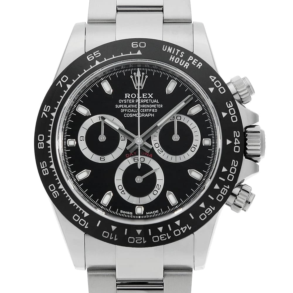 ROLEX COSMOGRAPH DAYTONA BLACK WATCH: ROLEX Cosmograph Daytona black Watch Brand: ROLEX Type: Wrist watch Material: Band Material Stainless Steel, Case Material Stainless Steel Color: Dial Colour Black Size: Case:W40mm Circumference of Wr