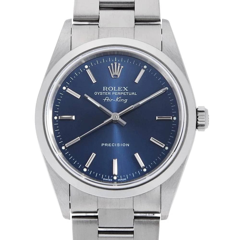 ROLEX AIR KING BLUE WATCH: ROLEX Air king blue Watch Brand: ROLEX Type: Wrist watch Material: Band Material Stainless Steel, Case Material Stainless Steel Color: Dial Colour Blue Size: Case:W34mm Circumference of Wrist:19cm