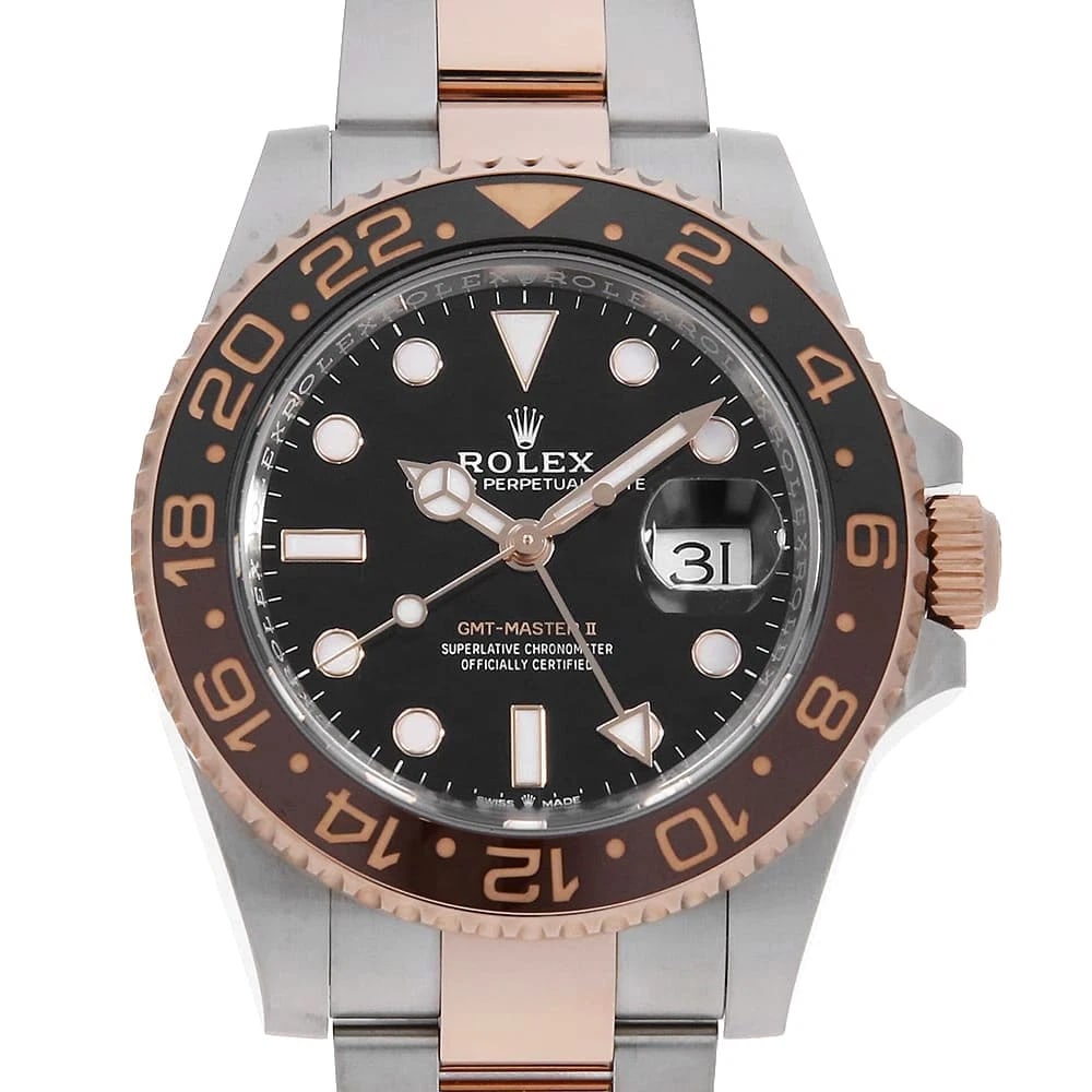 ROLEX GMT MASTER BLACK WATCH: ROLEX GMT Master black Watch Brand: ROLEX Type: Wrist watch Material: Band Material Stainless Steel/Everose Gold, Case Material Stainless Steel/Everose Gold Color: Dial Colour Black Size: Case:W40mm C