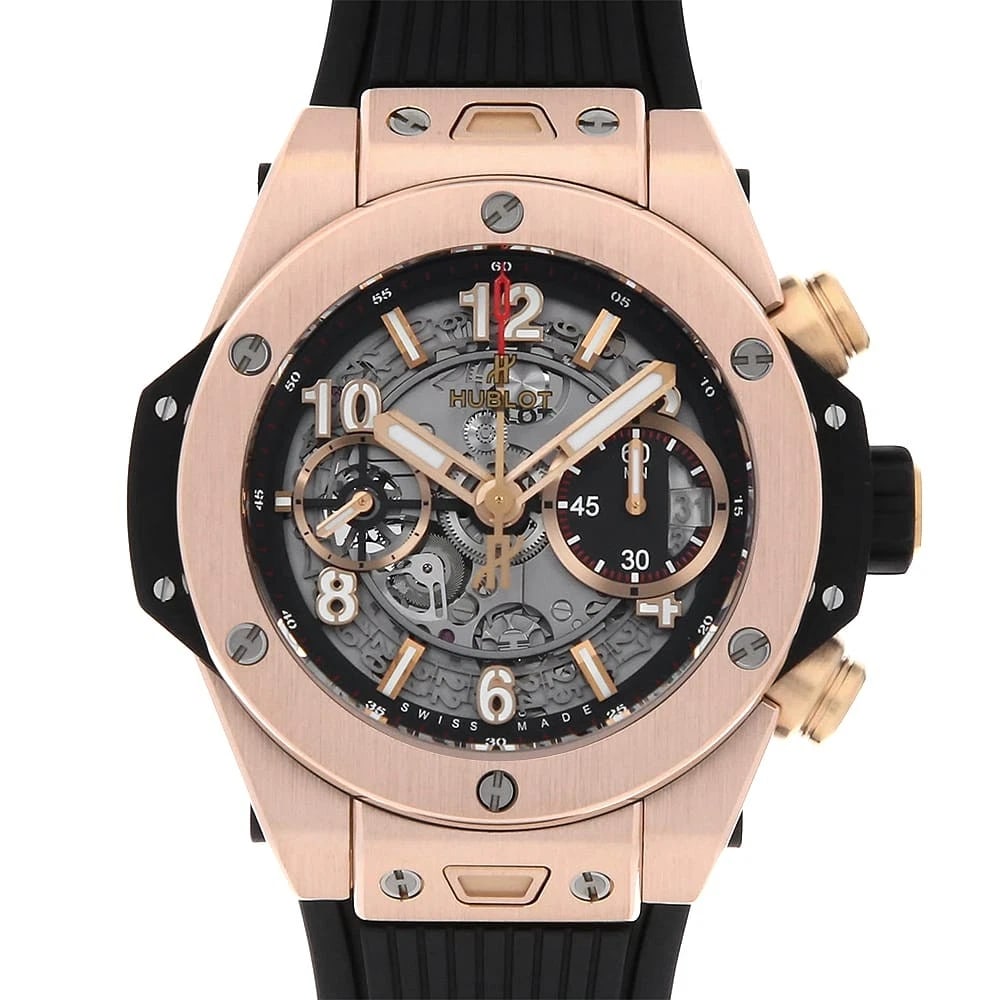 HUBLOT BIG BANG UNICO KING GOLD WATCH: HUBLOT Big Bang Unico King Gold Watch Brand: HUBLOT Type: Wrist watch Material: Band Material rubber, Case Material King Gold Color: Dial Colour Skeleton Size: Case:W42mm Accessories: None