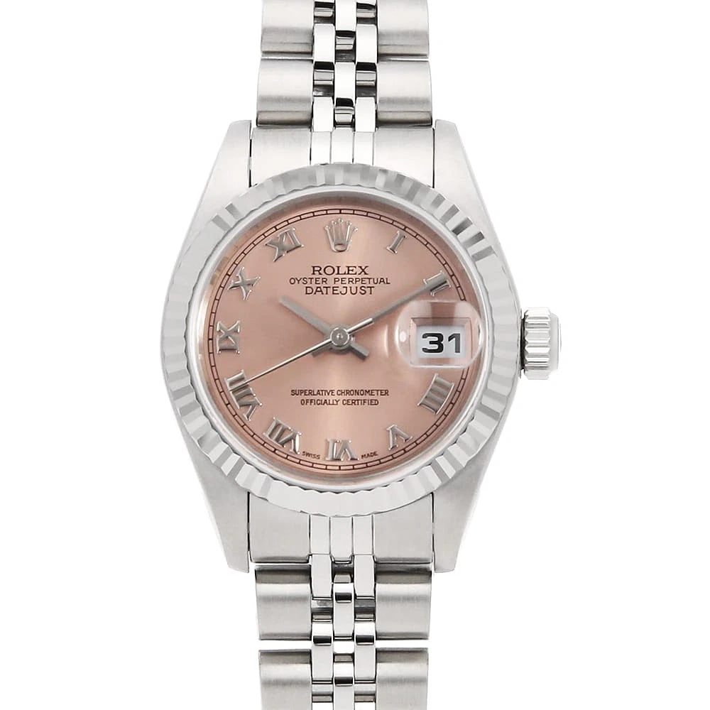 ROLEX DATEJUST PINK ROME WATCH: ROLEX Datejust pink Rome Watch Brand: ROLEX Type: Wrist watch Material: Band Material Stainless Steel, Case Material Stainless Steel/White gold Color: Dial Colour Pink Size: Case:W26mm Circumference o
