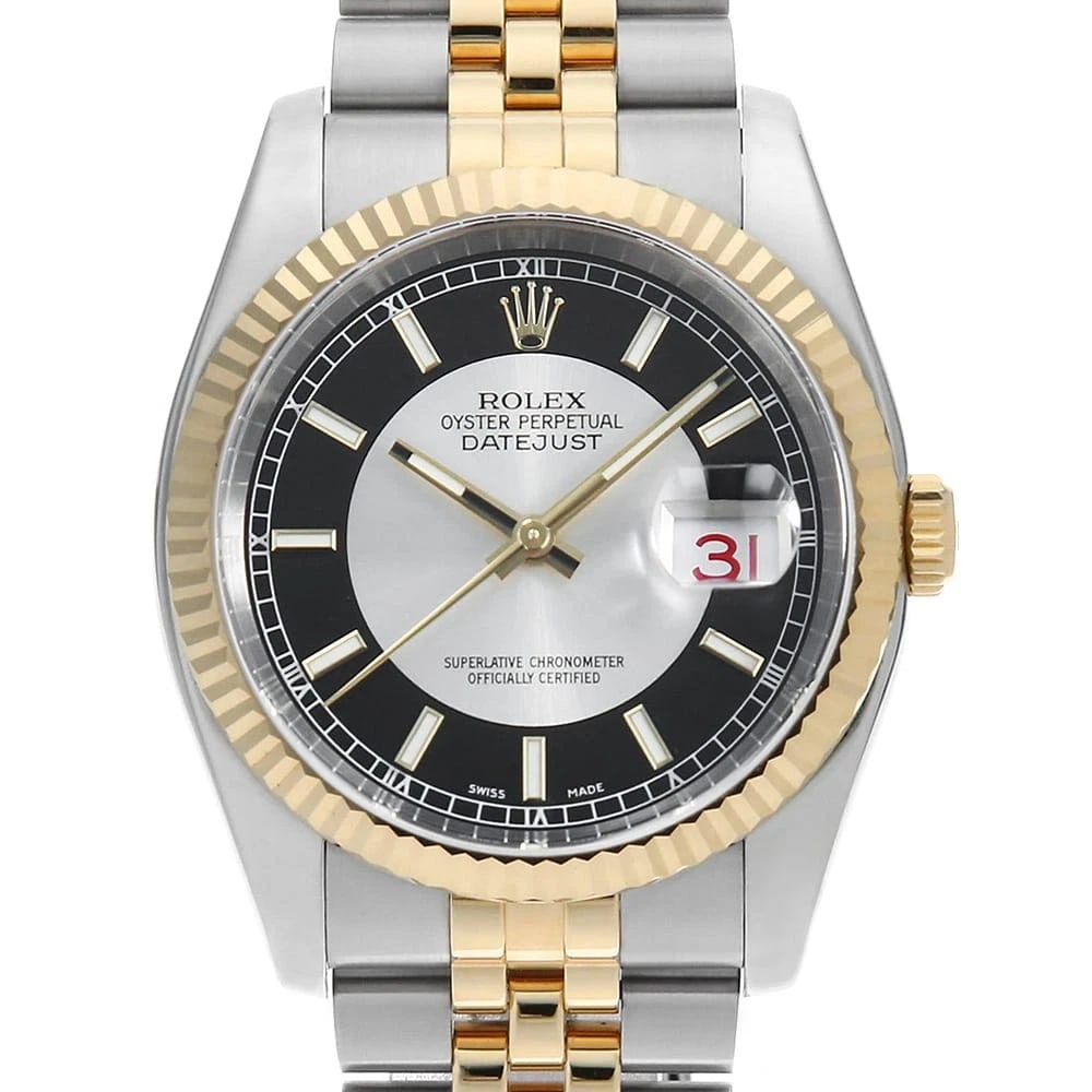 ROLEX DATEJUST BLACK X SILVER WATCH: ROLEX Datejust Black x silver Watch Brand: ROLEX Type: Wrist watch Material: Band Material Stainless Steel/Yellow Gold, Case Material Stainless Steel/Yellow Gold Color: Dial Colour Black and Silver Si