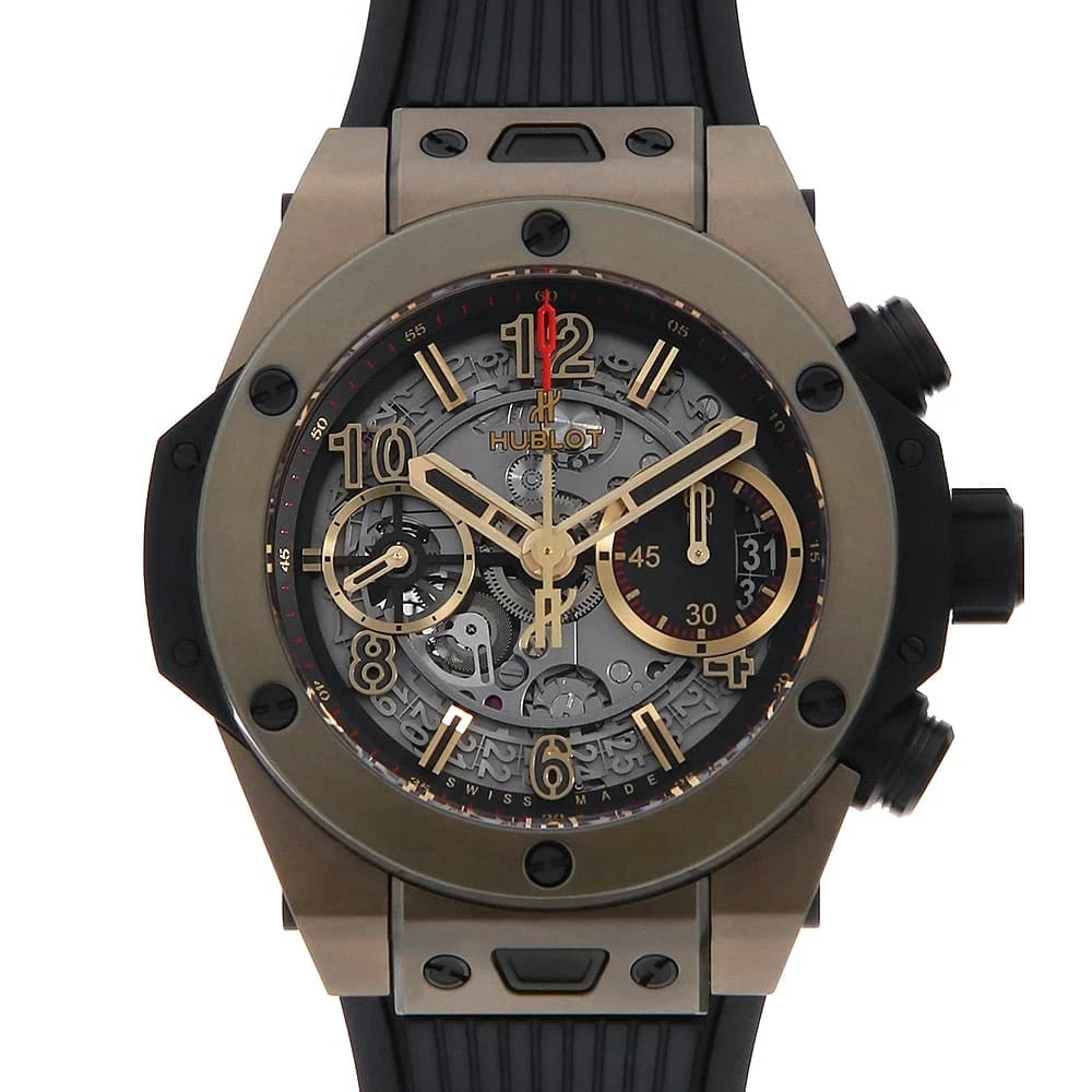 HUBLOT BIG BANG UNICO FULL MAGIC GOLD WATCH: HUBLOT Big Bang Unico Full Magic Gold Watch Brand: HUBLOT Type: Wrist watch Material: Band Material rubber, Case Material Magic Gold(K18) Color: Dial Colour Skeleton Size: Case:W42mm Accessories:
