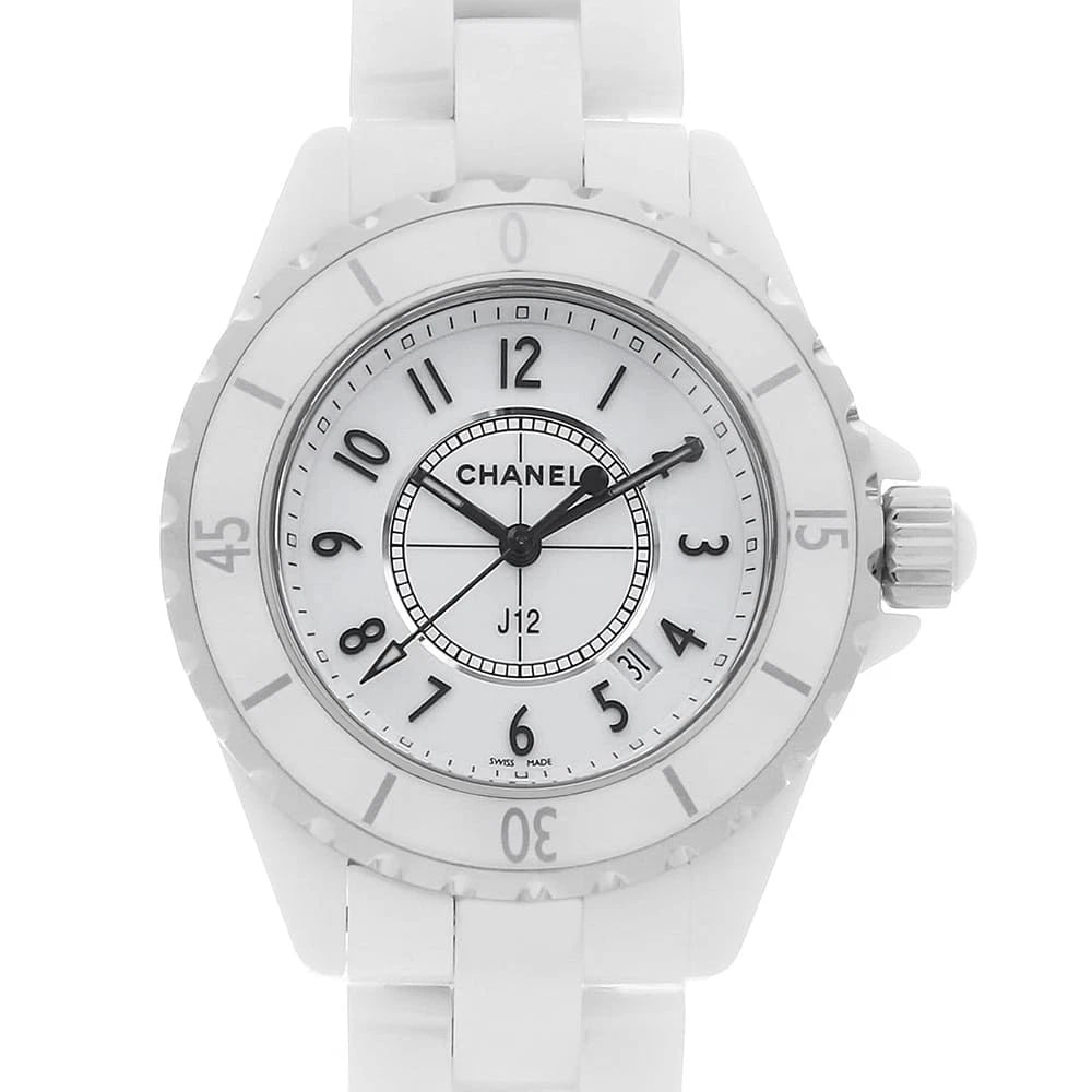 CHANEL J12 WHITE CERAMIC WATCH: CHANEL J12 white ceramic Watch Brand: CHANEL Type: Wrist watch Material: Band Material Ceramic, Case Material Ceramic Color: Dial Colour White Size: Case:W33mm Circumference of Wrist:17.5cm Access