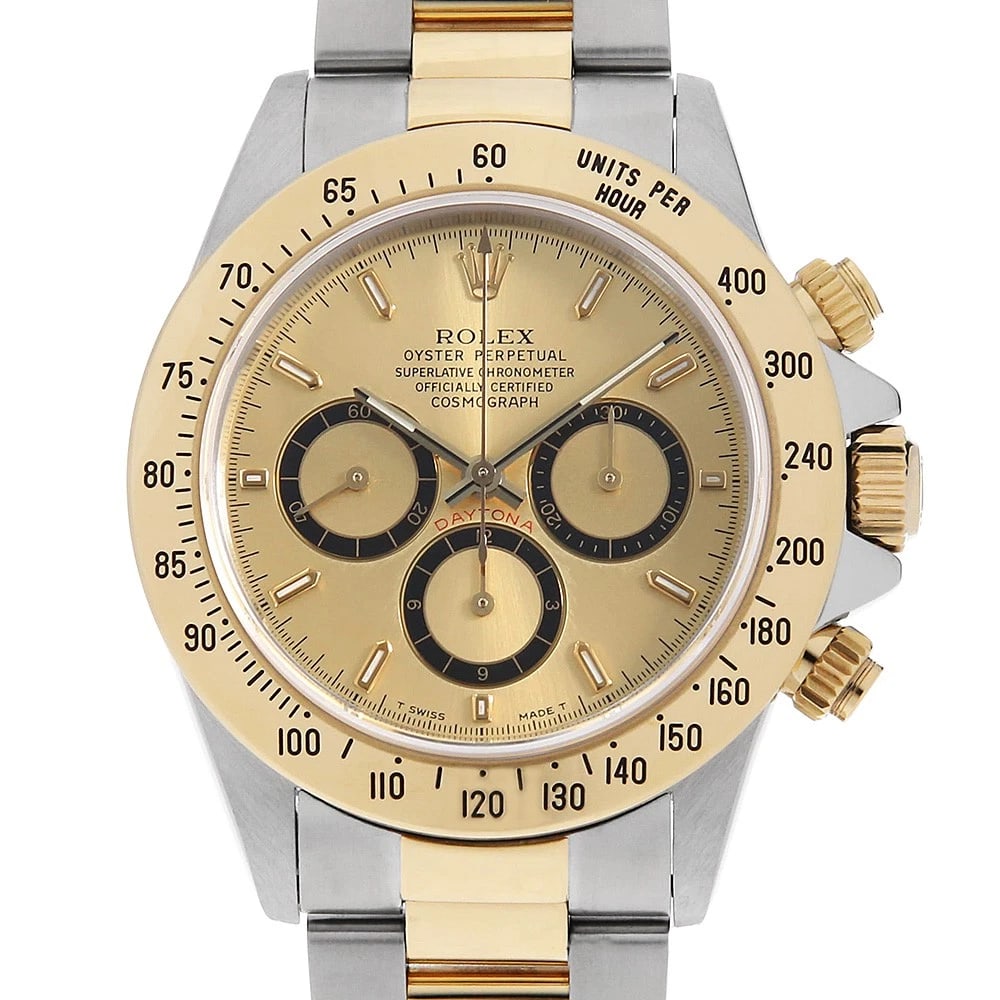 ROLEX COSMOGRAPH DAYTONA CHAMPAGNE WATCH: ROLEX Cosmograph Daytona Champagne Watch Brand: ROLEX Type: Wrist watch Material: Band Material Stainless Steel/Yellow Gold, Case Material Stainless Steel/Yellow Gold Color: Dial Colour Champagne Gold