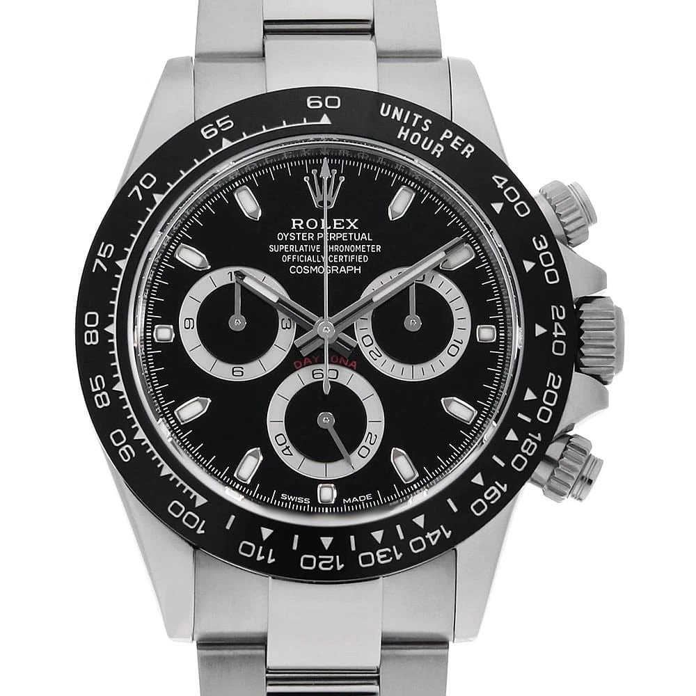 ROLEX COSMOGRAPH DAYTONA BLACK WATCH: ROLEX Cosmograph Daytona black Watch Brand: ROLEX Type: Wrist watch Material: Band Material Stainless Steel, Case Material Stainless Steel Color: Dial Colour Black Size: Case:W40mm Circumference of Wr