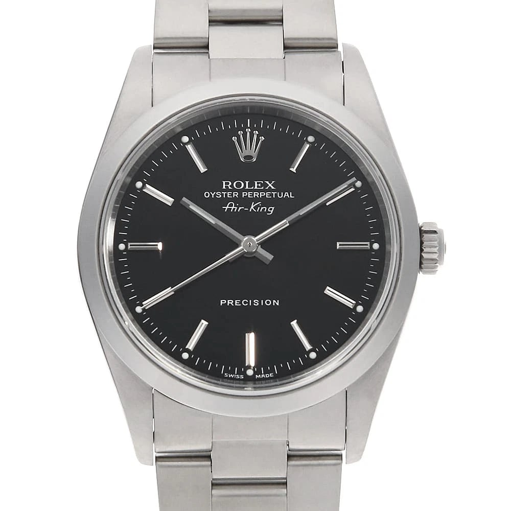 ROLEX AIR KING BLACK WATCH: ROLEX Air king black Watch Brand: ROLEX Type: Wrist watch Material: Band Material Stainless Steel, Case Material Stainless Steel Color: Dial Colour Black Size: Case:W34mm Circumference of