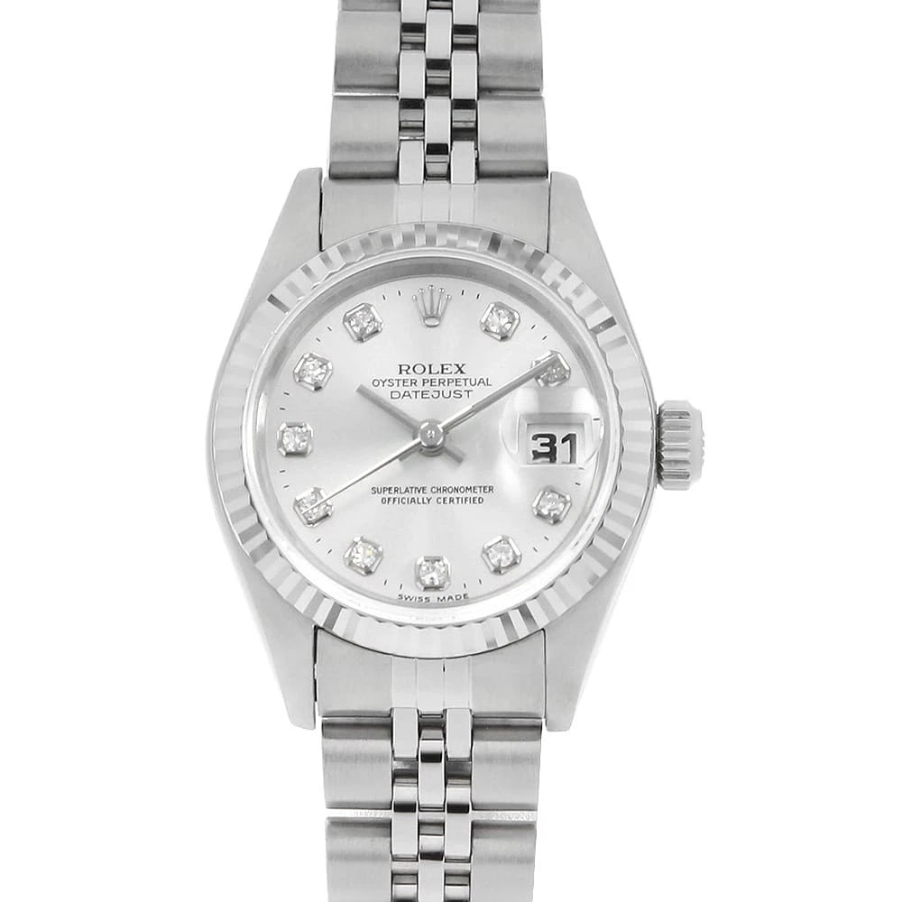 ROLEX DATEJUST DIAMOND SILVER WATCH: ROLEX Datejust Diamond Silver Watch Brand: ROLEX Type: Wrist watch Material: Band Material Stainless Steel, Case Material Stainless Steel/White gold Color: Dial Colour Silver Size: Case:W26mm