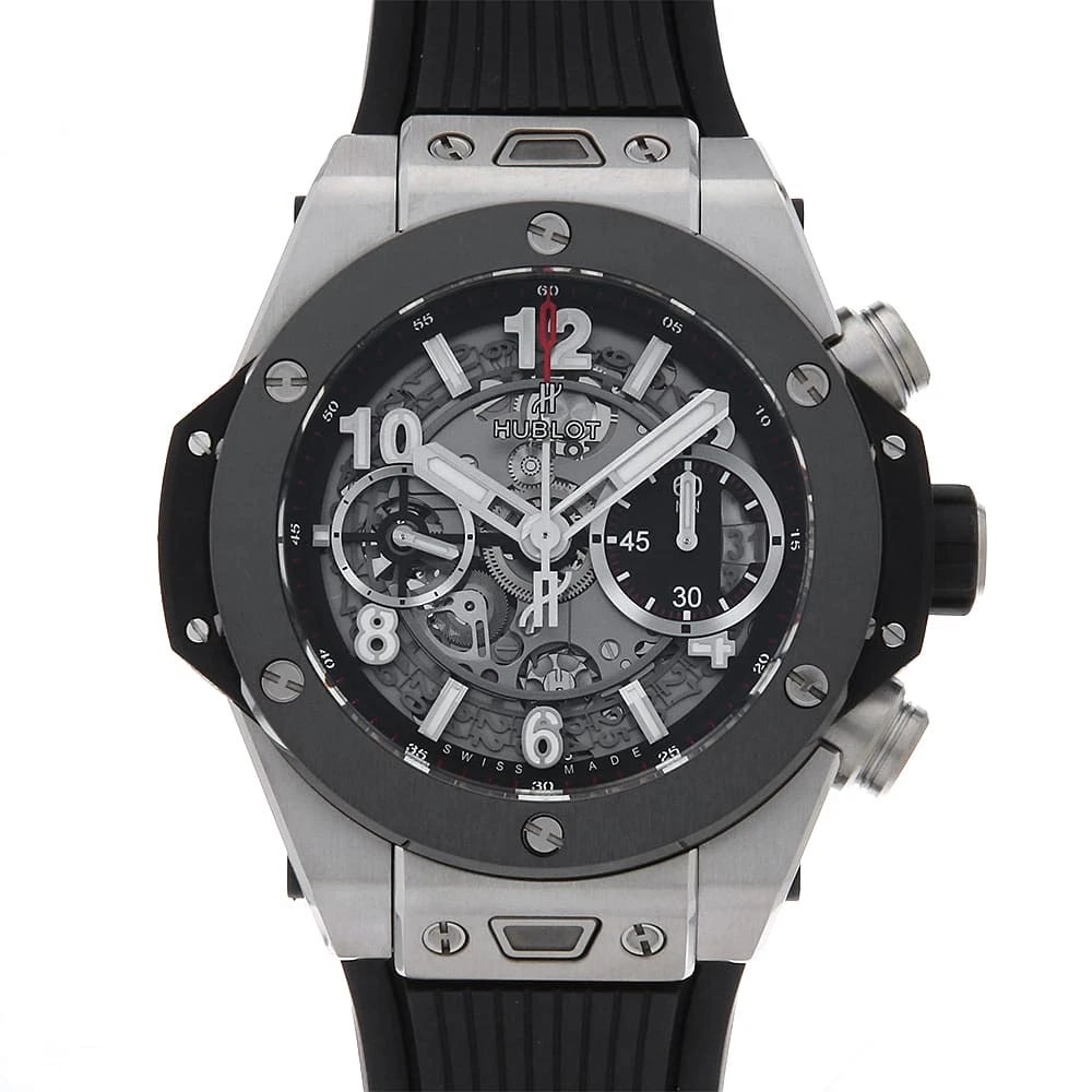 HUBLOT BIG BANG UNICO TITANIUM CERAMIC WATCH: HUBLOT Big Bang Unico Titanium Ceramic Watch Brand: HUBLOT Type: Wrist watch Material: Band Material rubber, Case Material Titanium Color: Dial Colour Skeleton Size: Case:W42mm Accessories: None