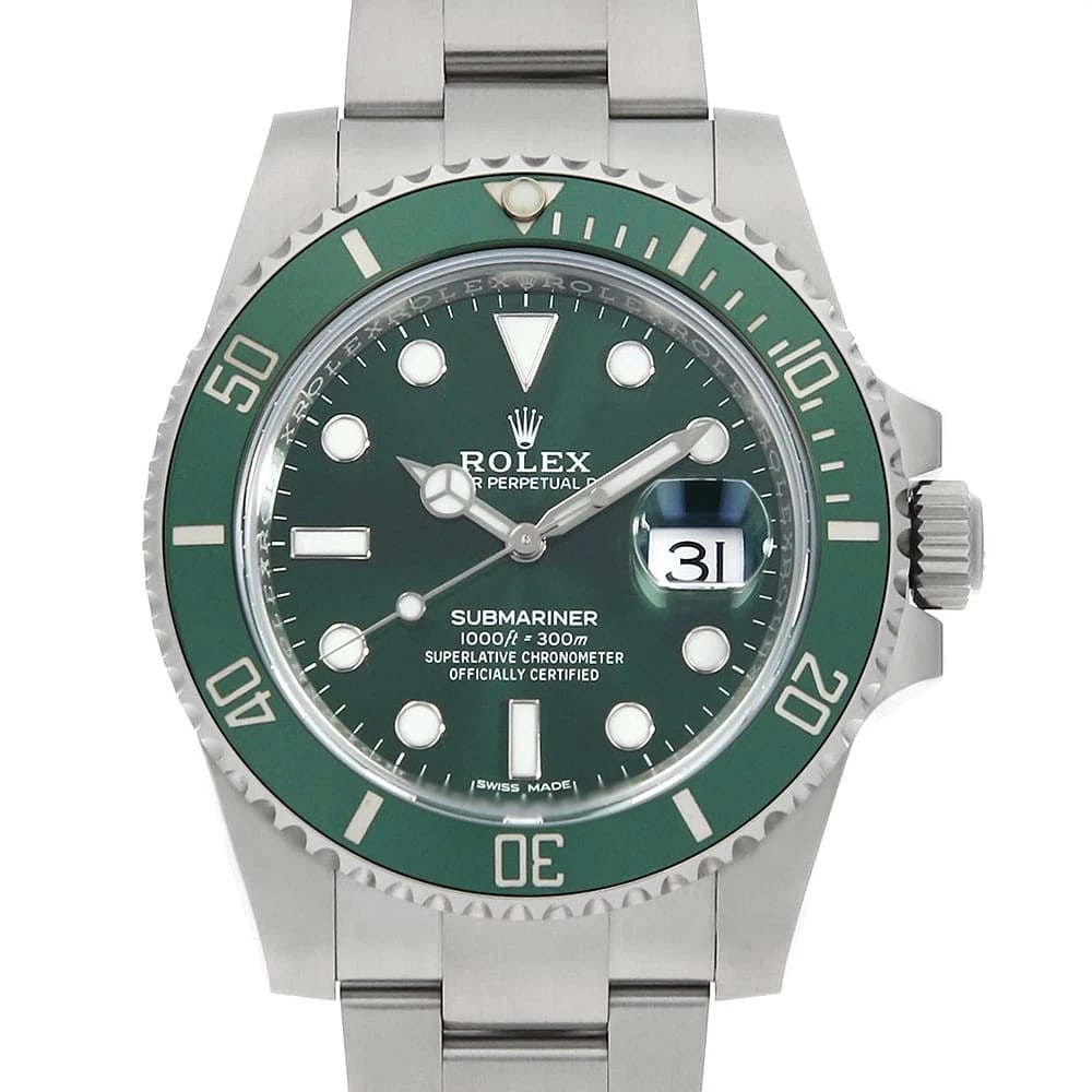 ROLEX SUBMARINER DATE GREEN WATCH: ROLEX SUBMARINER Date green Watch Brand: ROLEX Type: Wrist watch Material: Band Material Stainless Steel, Case Material Stainless Steel Color: Dial Colour Green Size: Case:W40mm Circumference of