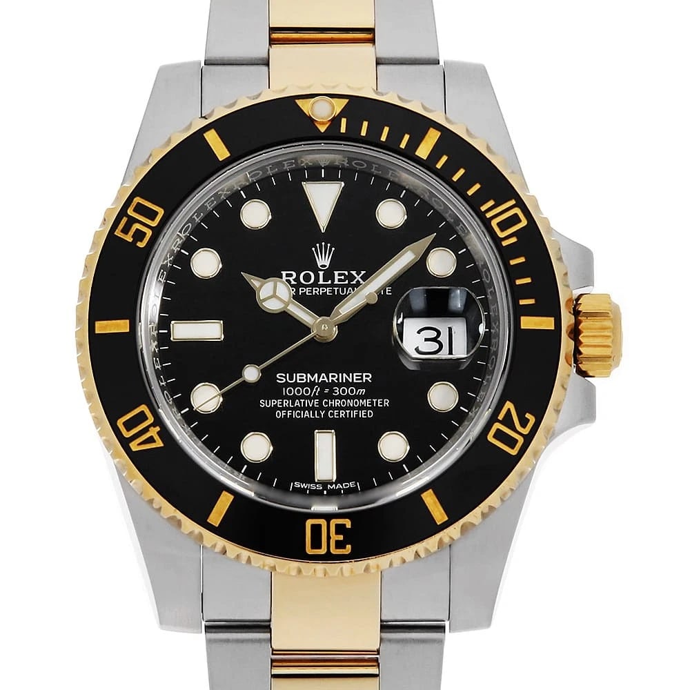 ROLEX SUBMARINER DATE BLACK WATCH: ROLEX SUBMARINER Date black Watch Brand: ROLEX Type: Wrist watch Material: Band Material Stainless Steel/Yellow Gold, Case Material Stainless Steel/Yellow Gold Color: Dial Colour Black Size: Case:W40m