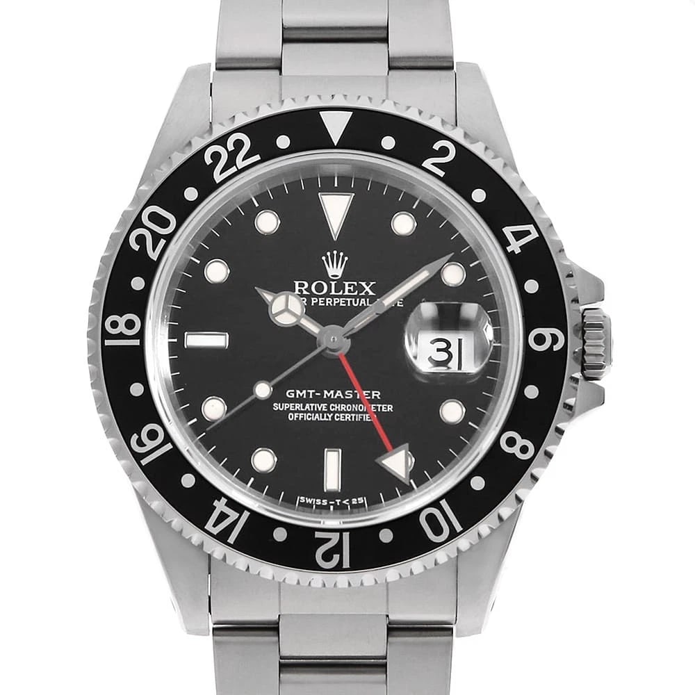 ROLEX GMT MASTER BLACK BEZEL TRITIUM WATCH: ROLEX GMT Master Black Bezel tritium Watch Brand: ROLEX Type: Wrist watch Material: Band Material Stainless Steel, Case Material Stainless Steel Color: Dial Colour Black Size: Case:W40mm Circumference