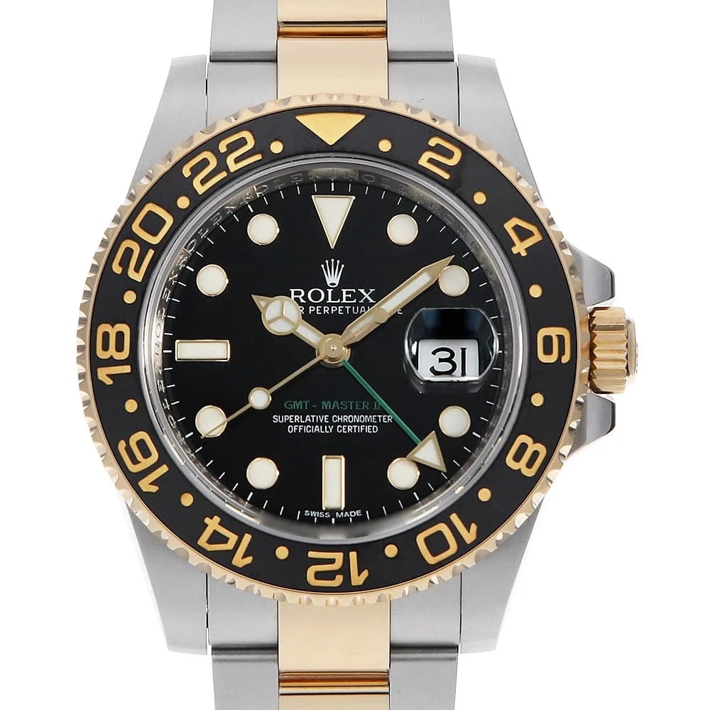 ROLEX GMT MASTER BLACK WATCH: ROLEX GMT Master black Watch Brand: ROLEX Type: Wrist watch Material: Band Material Stainless Steel/Yellow Gold, Case Material Stainless Steel/Yellow Gold Color: Dial Colour Black Size: Case:W40mm