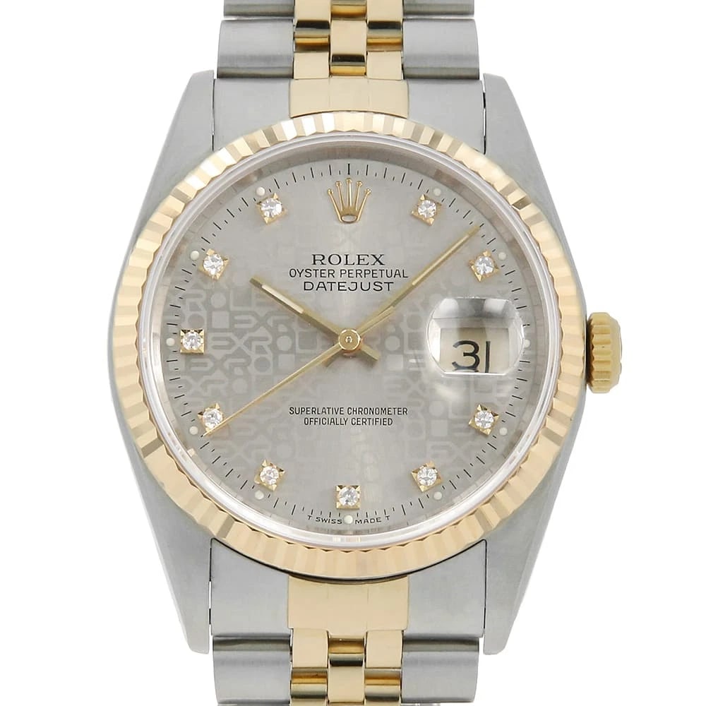 ROLEX DATEJUST DIAMOND GRAY PRINT COMPUTER WATCH: ROLEX Datejust Diamond gray Print computer Watch Brand: ROLEX Type: Wrist watch Material: Band Material Stainless Steel/Yellow Gold, Case Material Stainless Steel/Yellow Gold Color: Dial Colour Gray