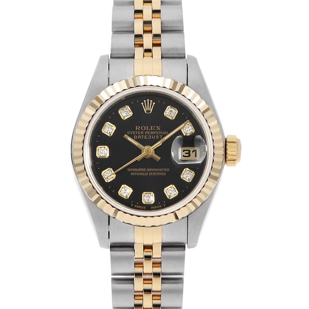 ROLEX DATEJUST DIAMOND BLACK WATCH: ROLEX Datejust Diamond black Watch Brand: ROLEX Type: Wrist watch Material: Band Material Stainless Steel/Yellow Gold, Case Material Stainless Steel/Yellow Gold Color: Dial Colour Black Size: Case:W26