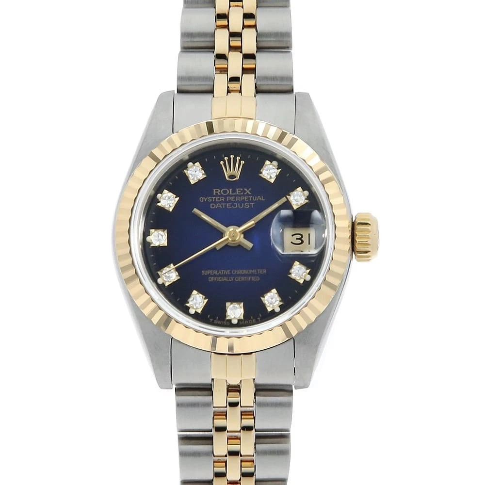 ROLEX DATEJUST DIAMOND BLUE WATCH: ROLEX Datejust Diamond blue Watch Brand: ROLEX Type: Wrist watch Material: Band Material Stainless Steel/Yellow Gold, Case Material Stainless Steel/Yellow Gold Color: Dial Colour Blue Size: Case:W26mm