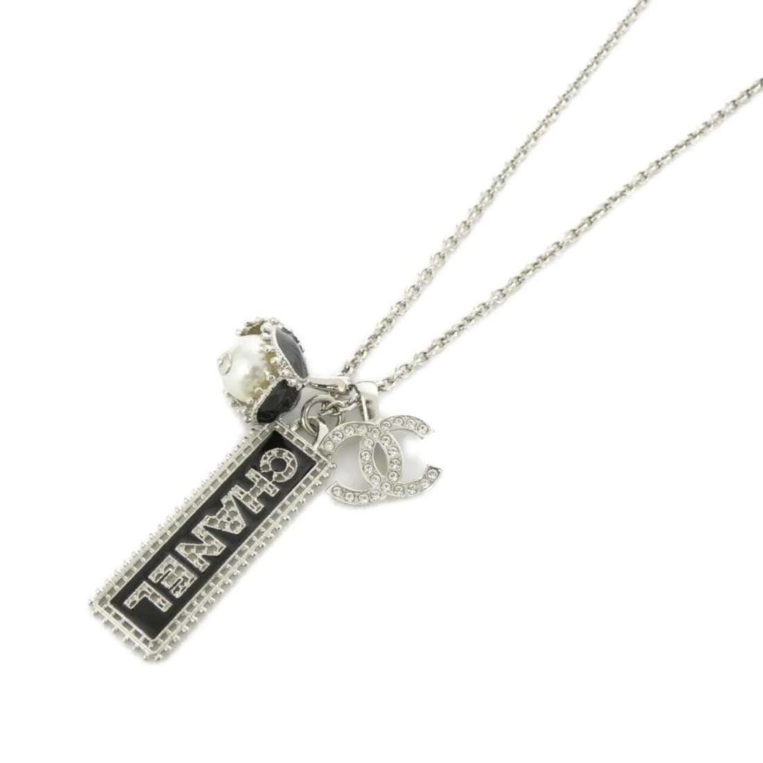 CHANEL NECKLACE: Chanel Necklace Brand: CHANEL Type: Chanel Necklace Material: Fake pearl, Color: BLACK+WHITE+CRYSTAL Size: Size Length: 60/80cm Top width x height: 1.6cmx4.9cm Accessories: None Accessories Notice: