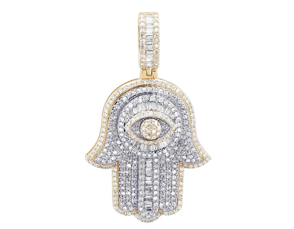 HAMSA HAND EVIL EYE PENDANT 10K YELLOW-WHITE GOLD: Hamsa Hand Evil Eye Pendant 10K Yellow-White Gold Brand: None Type: Pendant Material: 10K Yellow-White Gold, Main Stone/Creation Natural Color: Yellow-White Size: Dimension L 1.7" , W 25.3 MM Acce