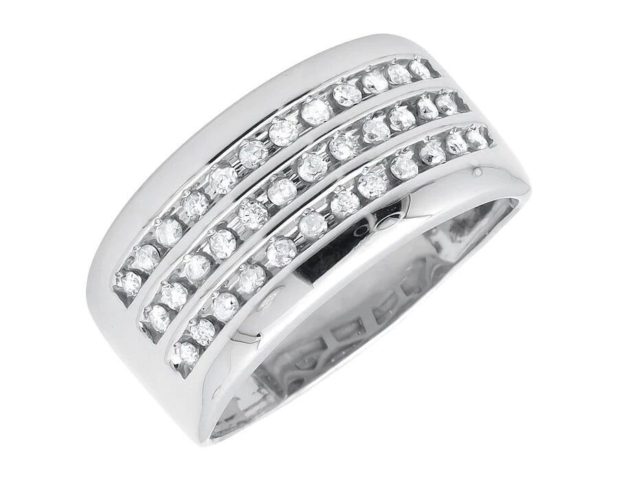 10K WHITE GOLD THREE ROWS CHANNEL-SET DIAMOND RING: 10K White Gold Three Rows Channel-Set Diamond Ring Brand: None Type: Ring Material: 10K White Gold, Main Stone/Creation Natural Color: White Gold Size: 10 US Accessories: None Accessories