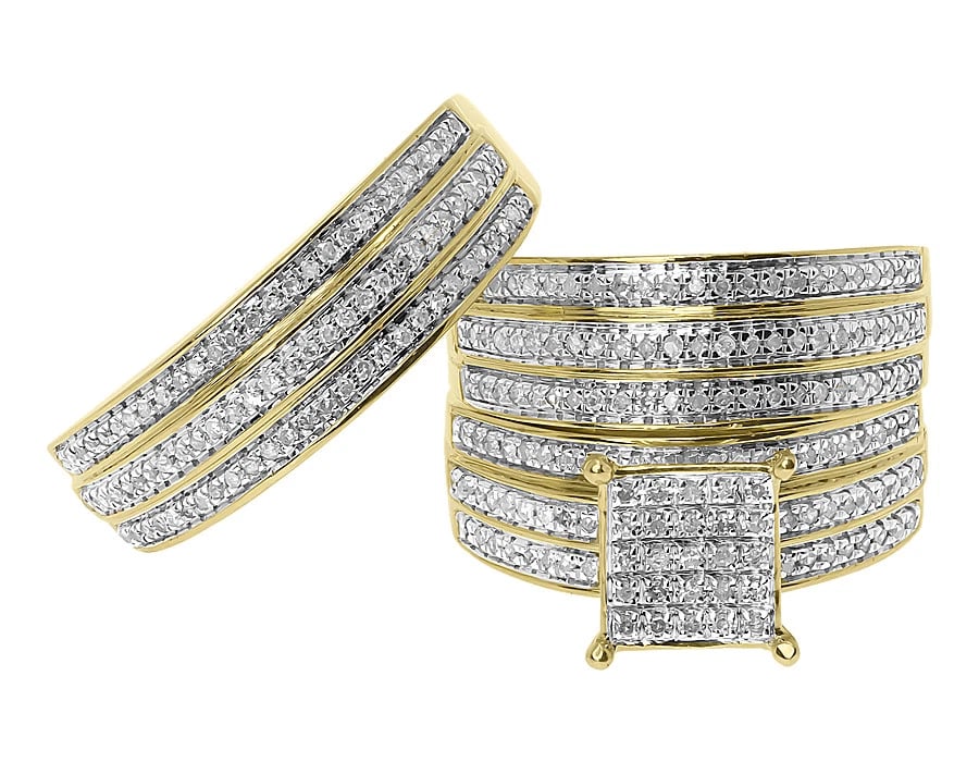 10K YELLOW GOLD 3 ROW PAVE DIAMOND WEDDING TRIO RING SET: 10k Yellow Gold 3 Row Pave Diamond Wedding Trio Ring Set Brand: None Type: Ring Material: 10k Yellow Gold, Main Stone/Creation Natural Color: Yellow Gold Size: 7 US Accessories: None Acces
