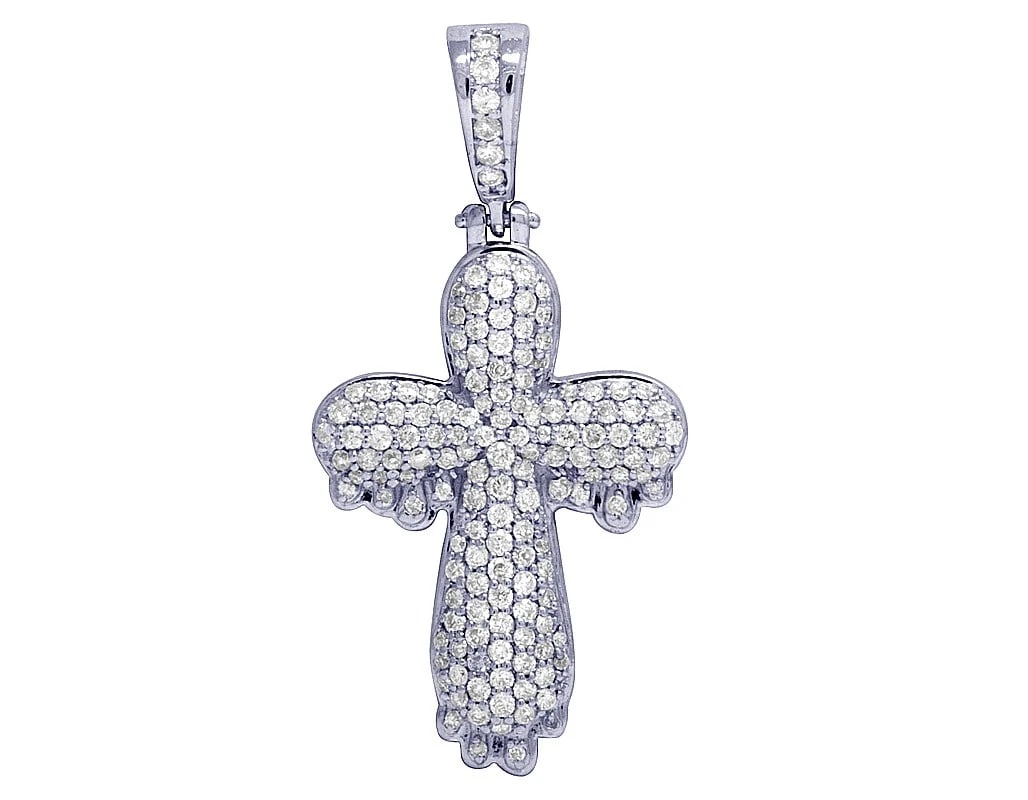 P UNISEX 10K WHITE GOLD DIAMOND DRIPPING CROSS PENDANT: p Unisex 10K White Gold Diamond Dripping Cross Pendant Brand: None Type: Pendant Material: 10K White Gold, Main Stone/Creation Natural Color: White Gold Size: Dimension 1.5"x .75" Accessories: Non