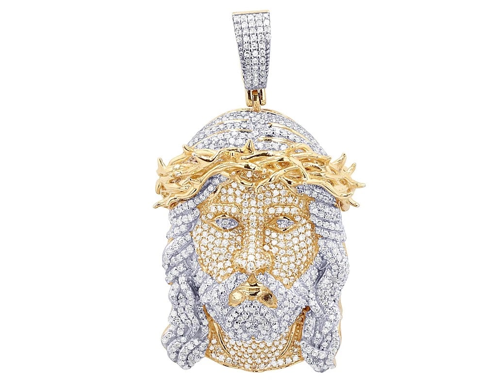 FULLY ICED OUT 10K YELLOW GOLD JESUS PENDANT: Fully Iced out 10K Yellow Gold Jesus Pendant Brand: None Type: Pendant Material: 10K Yellow Gold, Main Stone/Creation Natural Color: Yellow Size: Dimension L 1.7" , W 25.3 MM Accessories: None