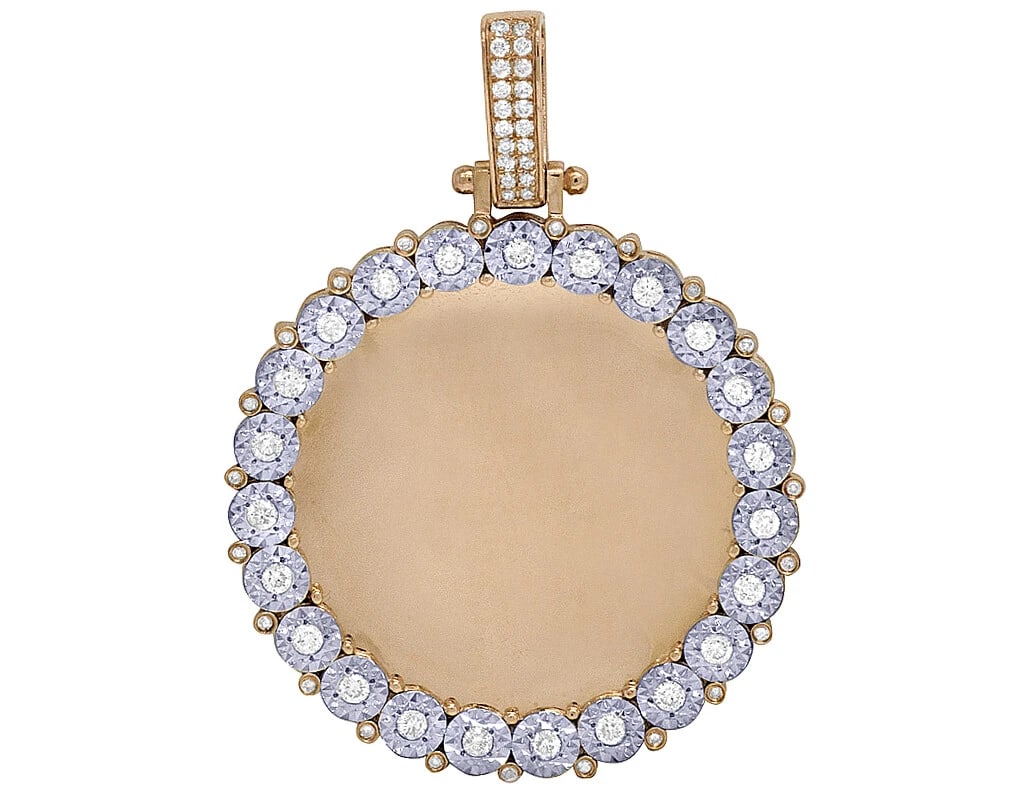 ROSE GOLD MEMORY FRAME DIAMOND SET PHOTO PENDANT: Rose Gold Memory Frame Diamond Set Photo Pendant Brand: None Type: Pendant Material: 10K Rose Gold, Main Stone/Creation Natural Color: Rose Gold Size: Dimension 2" Accessories: None Access