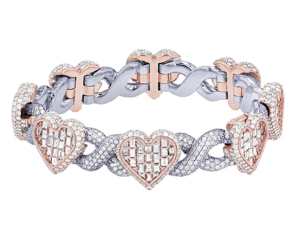 INFINITY HEART DIAMOND CUBAN LINK BRACELET 10K ROSE-WHITE GOLD: Infinity Heart Diamond Cuban Link Bracelet 10K Rose-White Gold Brand: None Type: Bracelet Material: 10K Rose-White Gold, Color: Multi-Tone Size: Dimension L 8" x W 15mm Accessories: None A