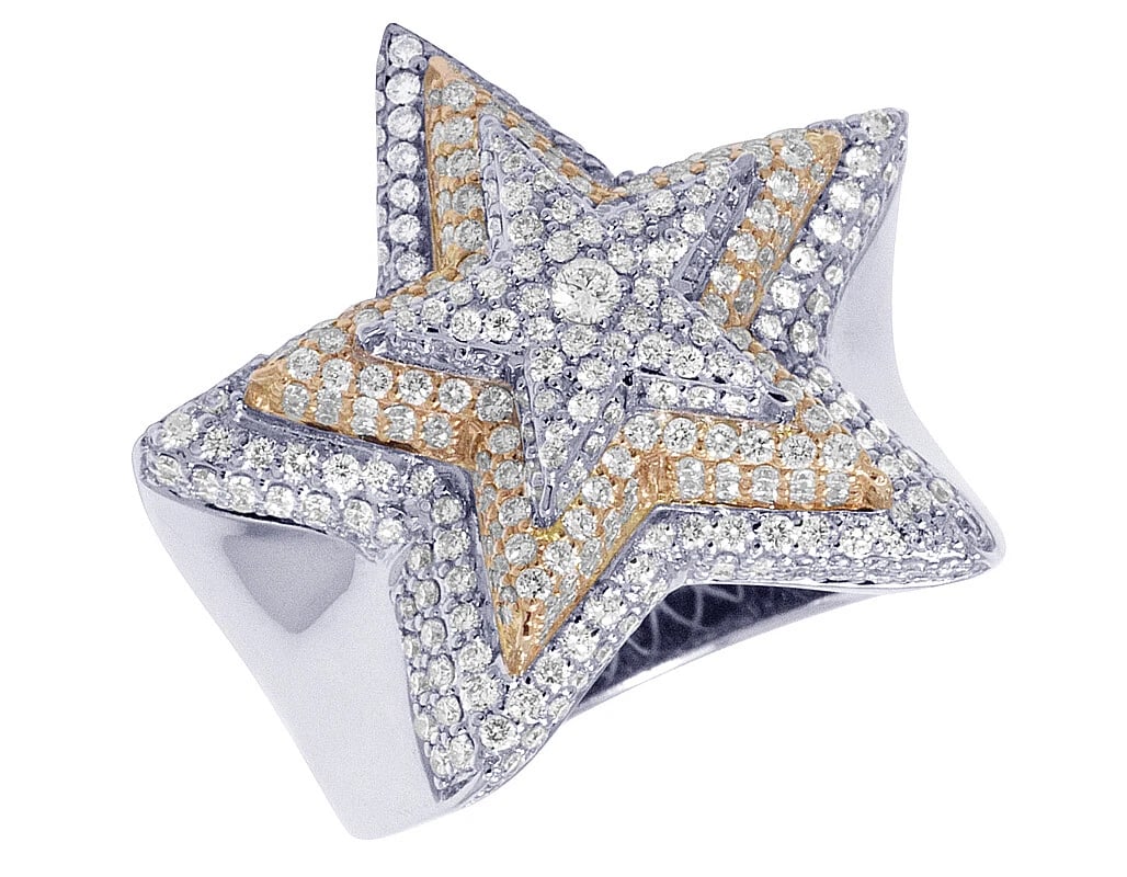 ROSE/ WHITE 3D DIAMOND THREE SUPER STAR PINKY RING: Rose/ White 3D Diamond Three Super Star Pinky Ring Brand: None Type: Ring Material: 10k Rose/ White Gold, Main Stone/Creation Natural Color: Rose/ White Size: 10 US Accessories: None Accessories